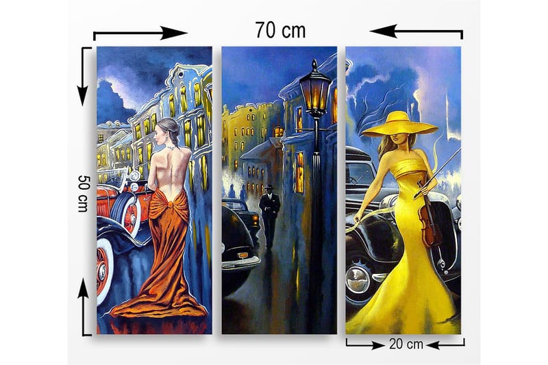 Puinen canvastaulu, 3 osaa, 50x70 cm - Elegantteja naisia värikkäissä mekoissa klassikkoautojen edessä - Keltainen / Oranssi / Sininen - Sisustustuotteet - Taulu & taide - Canvas-taulu
