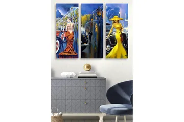 Puinen canvastaulu, 3 osaa, 50x70 cm - Elegantteja naisia värikkäissä mekoissa klassikkoautojen edessä - Keltainen / Oranssi / Sininen - Sisustustuotteet - Taulu & taide - Canvas-taulu