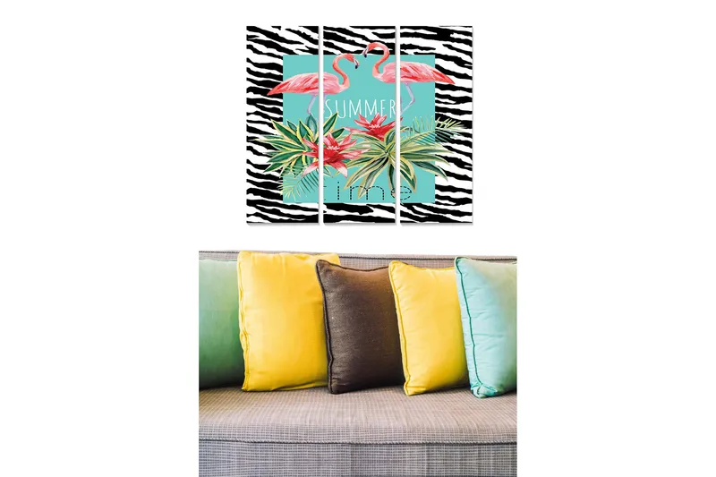 Puinen canvastaulu, 3 osaa, 50x70 cm - Flamingoja trooppisten kasvien ympäröimänä värikkäässä sommitelmassa, Vaaleanpunainen / Vihreä / Musta