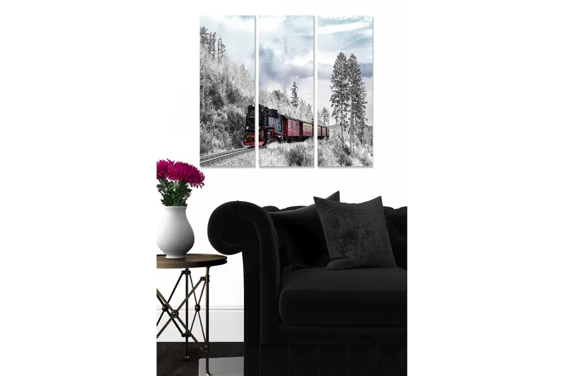 Puinen canvastaulu, 3 osaa, 50x70 cm - Höyryjuna kulkee talvisen metsän läpi, Musta / Punainen / Harmaa
