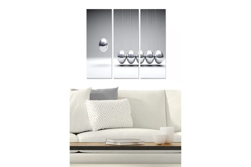 Puinen canvastaulu, 3 osaa, 50x70 cm - Heijastavat pallot minimalistisessa sommitelmassa, Hopea / Harmaa