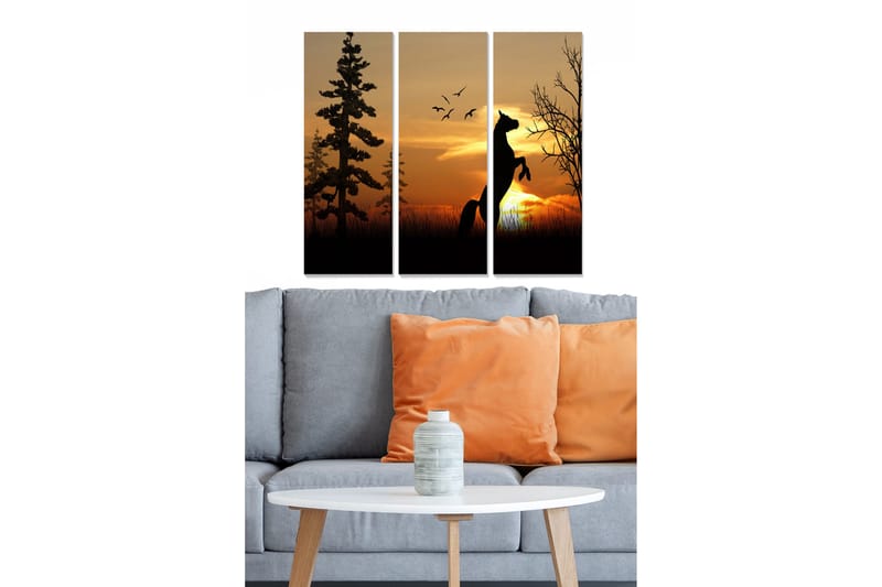 Puinen canvastaulu, 3 osaa, 50x70 cm - Hevosen siluetti nousemassa auringonlaskua vasten, taustalla puita ja lintuja, Musta / Oranssi / Keltainen