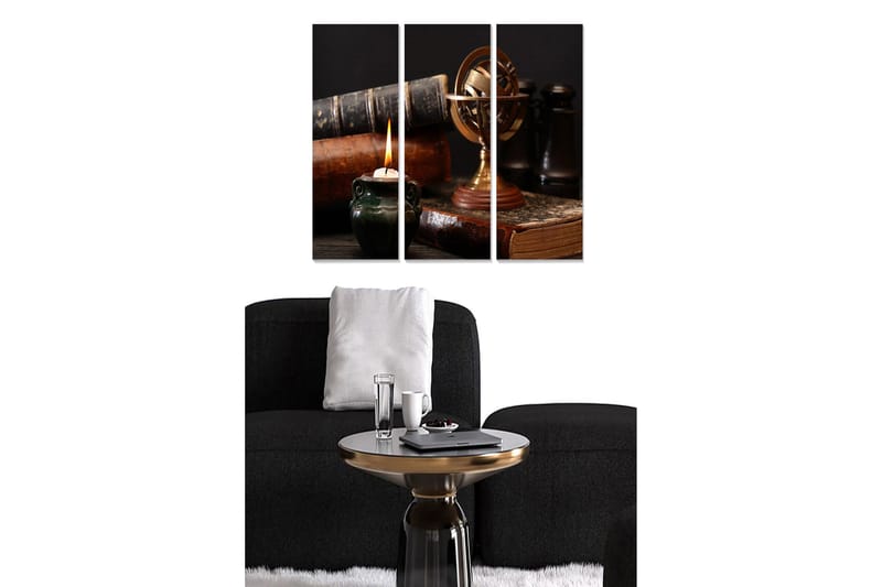 Puinen canvastaulu, 3 osaa, 50x70 cm - Hiljaisuus kirjojen, maapallon ja palavan kynttilän kanssa, Tummanvihreä / Ruskea / Kulta