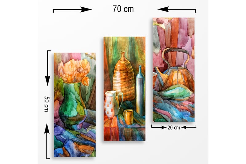 Puinen canvastaulu, 3 osaa, 50x70 cm - Hiljaisuus kukilla ja keraamisilla esineillä harmonisissa väreissä - Vihreä / Oranssi / Sininen - Sisustustuotteet - Taulu & taide - Canvas-taulu