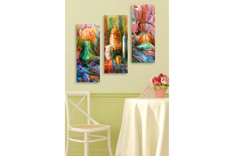 Puinen canvastaulu, 3 osaa, 50x70 cm - Hiljaisuus kukilla ja keraamisilla esineillä harmonisissa väreissä, Vihreä / Oranssi / Sininen