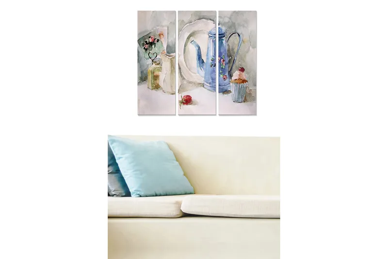 Puinen canvastaulu, 3 osaa, 50x70 cm - Hiljaisuus sinisen kahvipannun ja leivonnaisten kanssa, Sininen / Vihreä / Beige