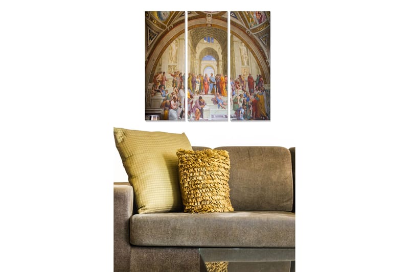 Puinen canvastaulu, 3 osaa, 50x70 cm - Historiallinen näkymä filosofien ja ajattelijoiden kokoontumisesta suuressa salissa, Beige / Punainen / Sininen