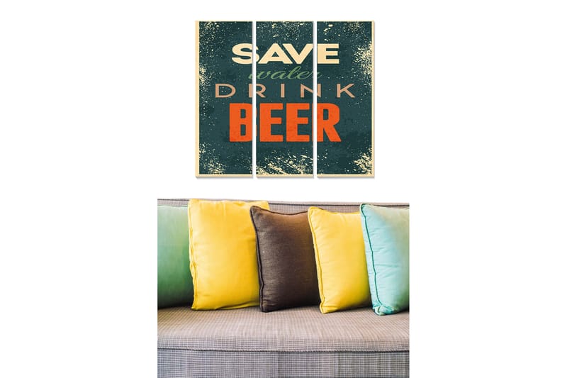 Puinen canvastaulu, 3 osaa, 50x70 cm - Humoristinen juliste tekstillä SAVE water DRINK BEER, Tummanvihreä / Oranssi / Beige