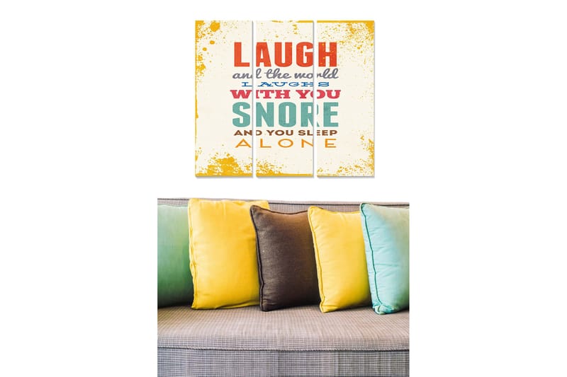 Puinen canvastaulu, 3 osaa, 50x70 cm - Humoristinen typografia ja sitaatteja naurusta ja unesta - Keltainen / Punainen / Turkoosi - Sisustustuotteet - Taulu & taide - Canvas-taulu