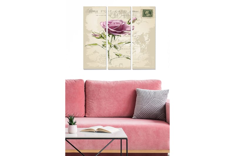 Puinen canvastaulu, 3 osaa, 50x70 cm - Ihana ruusu vintage-postikorttiteemalla, Violetti / Vihreä / Beige