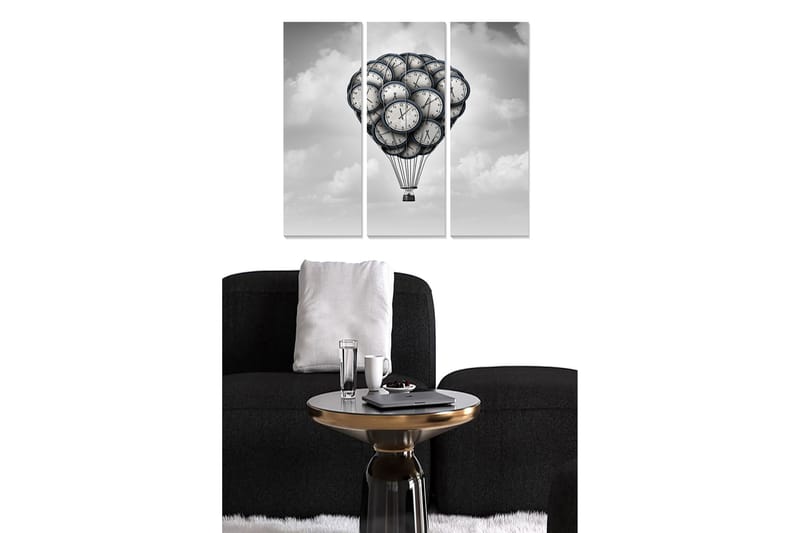 Puinen canvastaulu, 3 osaa, 50x70 cm - Ilmapallo, joka on täytetty taivaalla leijuvilla kelloilla, Musta / Harmaa / Valkoinen