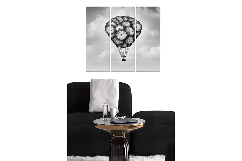 Puinen canvastaulu, 3 osaa, 50x70 cm - Ilmapallo, joka on täytetty taivaalla leijuvilla kelloilla, Musta / Harmaa / Valkoinen
