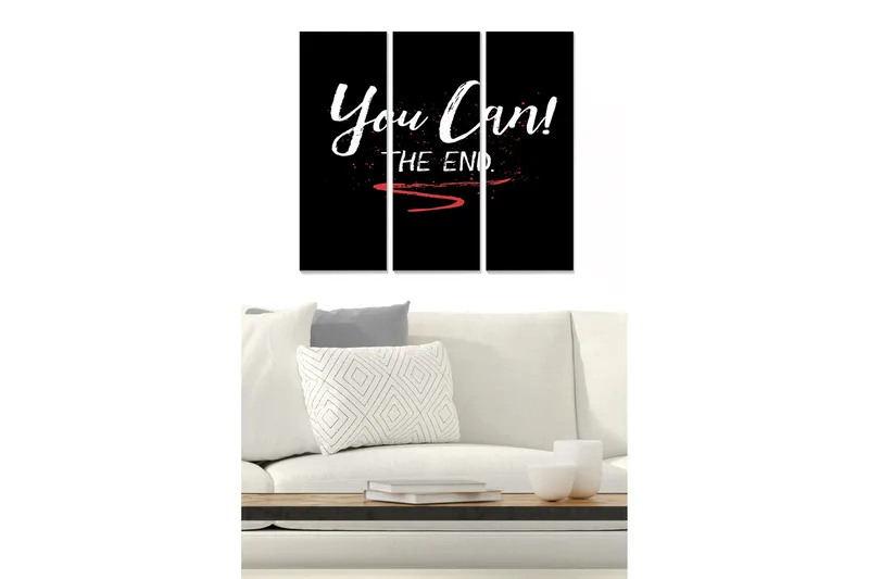 Puinen canvastaulu, 3 osaa, 50x70 cm - Inspiroiva lainaus kehotuksella ja lopetuksella, Musta / Valkoinen / Punainen