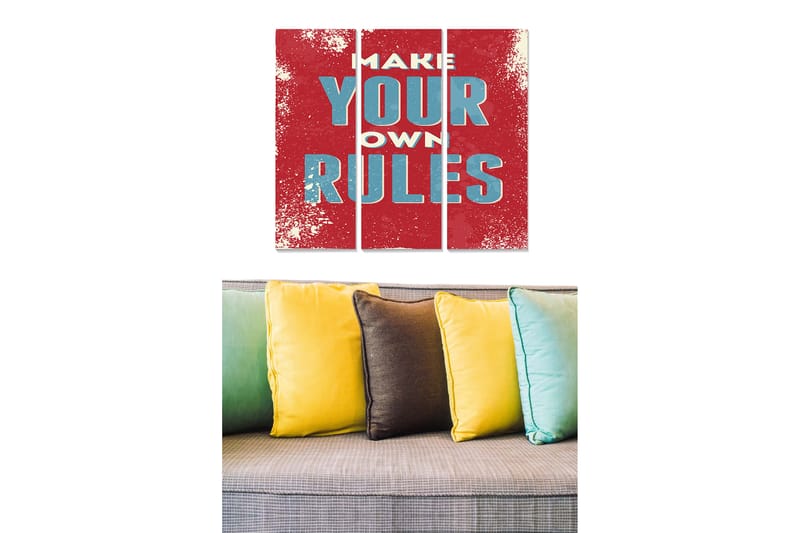 Puinen canvastaulu, 3 osaa, 50x70 cm - Inspiroiva seinätaide tekstillä MAKE YOUR OWN RULES, Punainen / Turkoosi