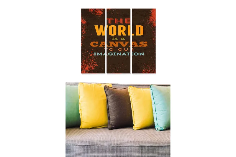 Puinen canvastaulu, 3 osaa, 50x70 cm - Inspiroiva typografia viesteillä luovuudesta ja mielikuvituksesta, Tummanruskea / Oranssi / Vaaleansininen