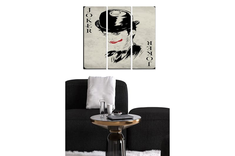 Puinen canvastaulu, 3 osaa, 50x70 cm - Jokerimuotokuva dramaattisella meikillä ja hatulla, Musta / Punainen / Beige