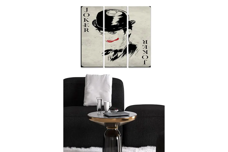 Puinen canvastaulu, 3 osaa, 50x70 cm - Jokerimuotokuva dramaattisella meikillä ja hatulla, Musta / Punainen / Beige