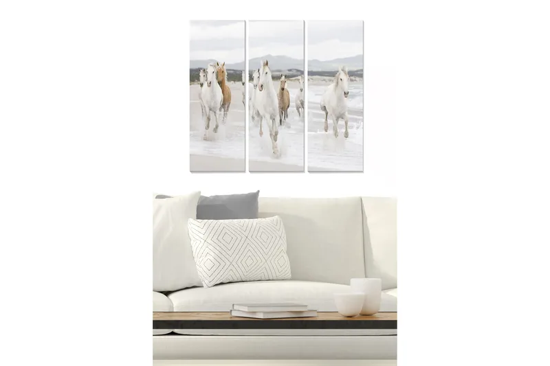 Puinen canvastaulu, 3 osaa, 50x70 cm - Juoksevia hevosia meren rannalla, Valkoinen / Beige / Vaaleanharmaa