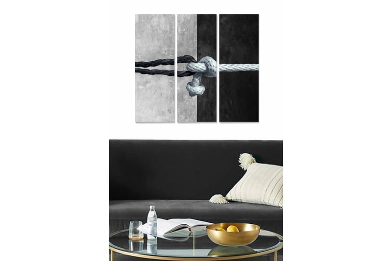 Puinen canvastaulu, 3 osaa, 50x70 cm - Köyden solmu, mustavalkoinen, Musta / Valkoinen / Harmaa