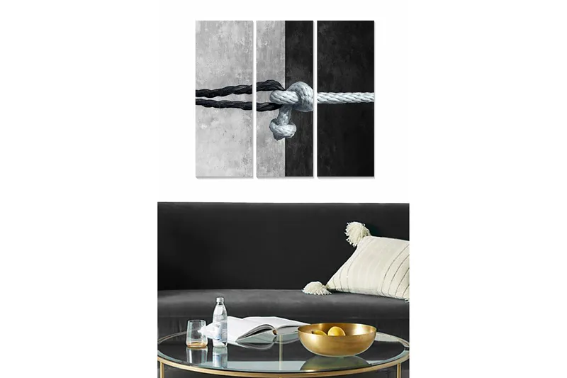 Puinen canvastaulu, 3 osaa, 50x70 cm - Köyden solmu, mustavalkoinen, Musta / Valkoinen / Harmaa