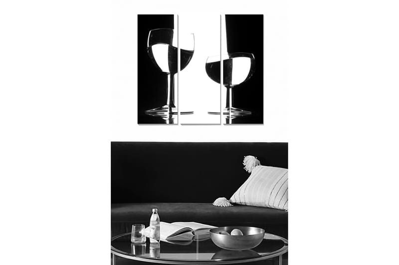 Puinen canvastaulu, 3 osaa, 50x70 cm - Kahden viinilasin siluetit kontrastin värisenä mustavalkoisena, Musta / Valkoinen