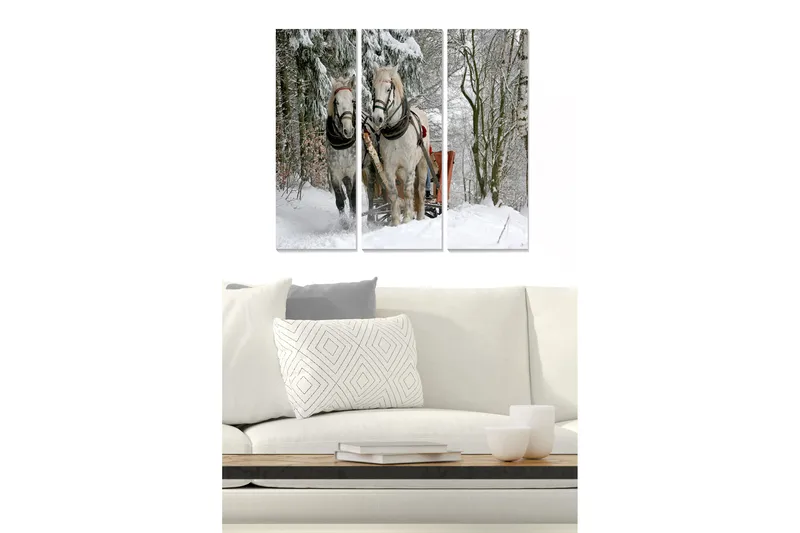 Puinen canvastaulu, 3 osaa, 50x70 cm - Kaksi hevosta lumimaisemassa reen kanssa, Valkoinen / Harmaa / Ruskea