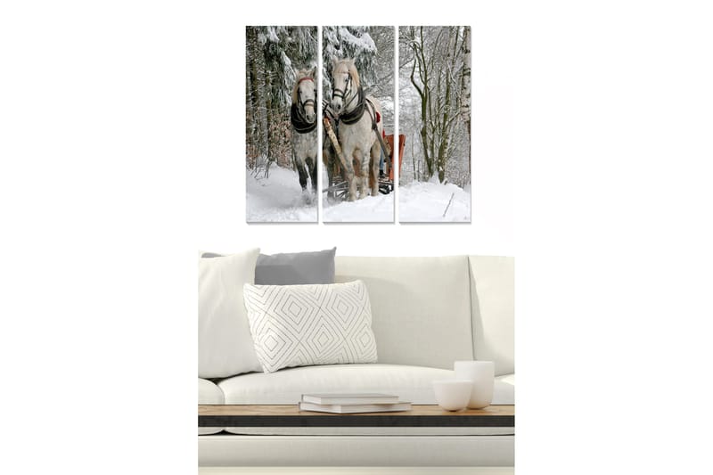 Puinen canvastaulu, 3 osaa, 50x70 cm - Kaksi hevosta lumimaisemassa reen kanssa, Valkoinen / Harmaa / Ruskea