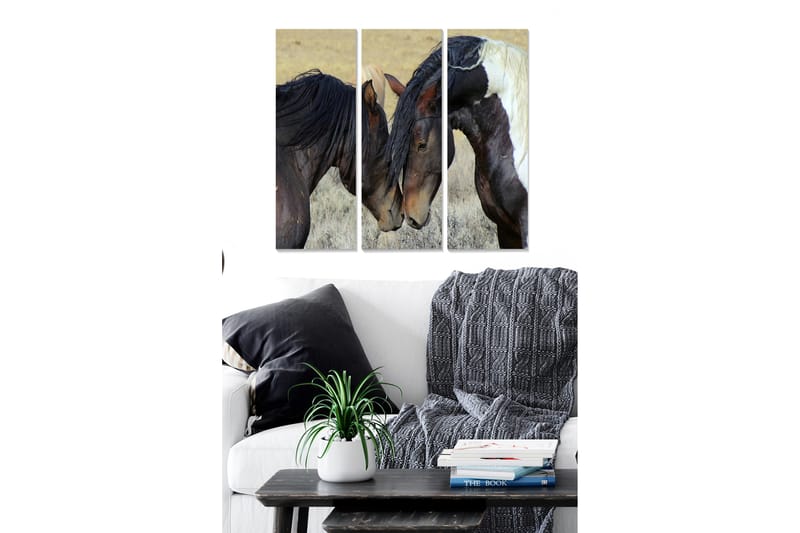 Puinen canvastaulu, 3 osaa, 50x70 cm - Kaksi hevosta nojaa varovasti päätään toisiaan kohti, Tummanruskea / Vaaleanruskea / Valkoinen