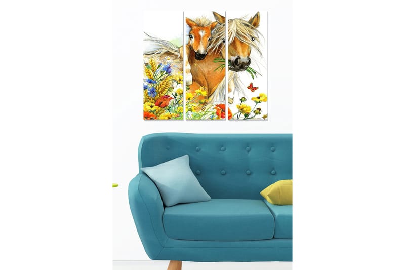 Puinen canvastaulu, 3 osaa, 50x70 cm - Kaksi hevosta värikkäiden kukkien ja vehreyden ympäröimänä, Keltainen / Vihreä / Sininen