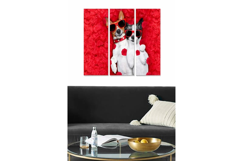 Puinen canvastaulu, 3 osaa, 50x70 cm - Kaksi koiraa aurinkolaseissa, punaisten ruusujen ympäröimänä, Punainen / Valkoinen