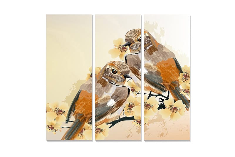 Puinen canvastaulu, 3 osaa, 50x70 cm - Kaksi lintua istuu oksalla kukkien keskellä, Oranssi / Beige / Keltainen