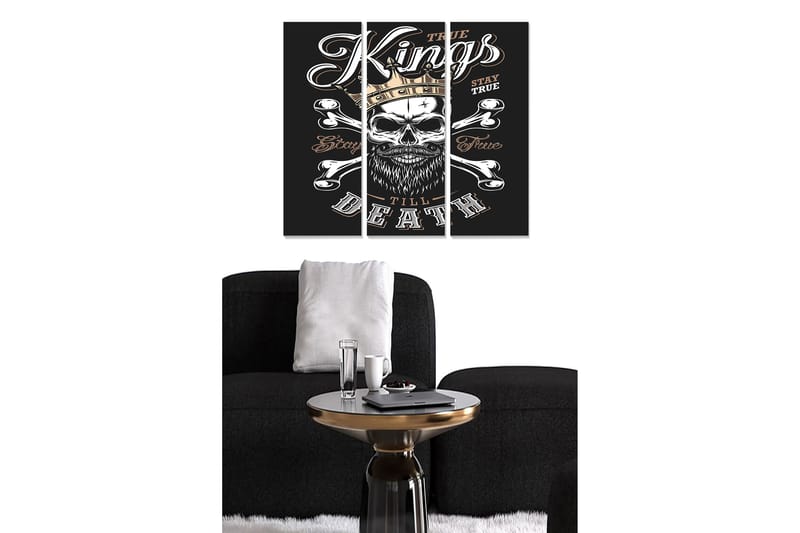 Puinen canvastaulu, 3 osaa, 50x70 cm - Kallo ristikkäisillä luilla ja tekstillä Kings till Death, Musta / Valkoinen / Kulta