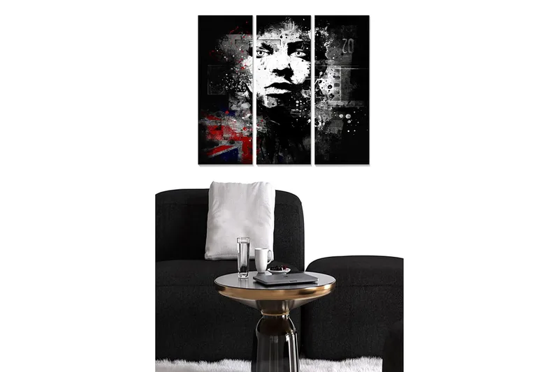 Puinen canvastaulu, 3 osaa, 50x70 cm - Kasvoprofiilin muotokuva graafisilla elementeillä ja urbaanilla tunnelmalla, Musta / Valkoinen / Punainen