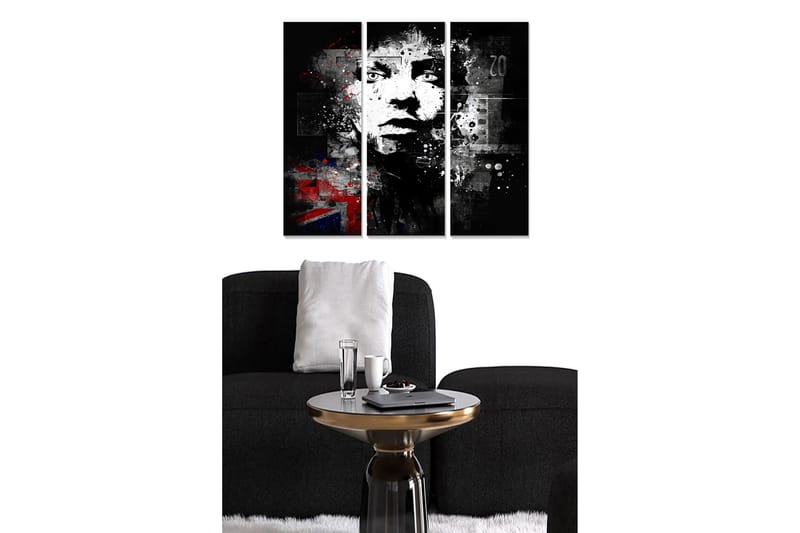 Puinen canvastaulu, 3 osaa, 50x70 cm - Kasvoprofiilin muotokuva graafisilla elementeillä ja urbaanilla tunnelmalla, Musta / Valkoinen / Punainen