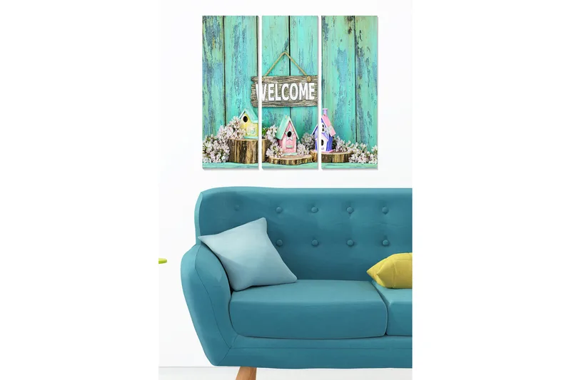 Puinen canvastaulu, 3 osaa, 50x70 cm - Kauniit linnunpöntöt kukilla ja tervetulokyltillä, Turkoosi / Vaaleanpunainen / Valkoinen