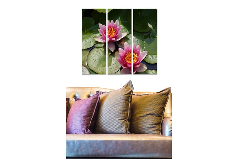 Puinen canvastaulu, 3 osaa, 50x70 cm - Kauniita lumpeita tyynessä veden pinnassa, Vaaleanpunainen / Vihreä / Keltainen