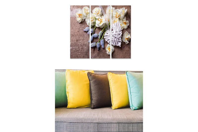 Puinen canvastaulu, 3 osaa, 50x70 cm - Kaunis asetelma valkoisista kukista violeteilla yksityiskohdilla, Valkoinen / Violetti / Beige