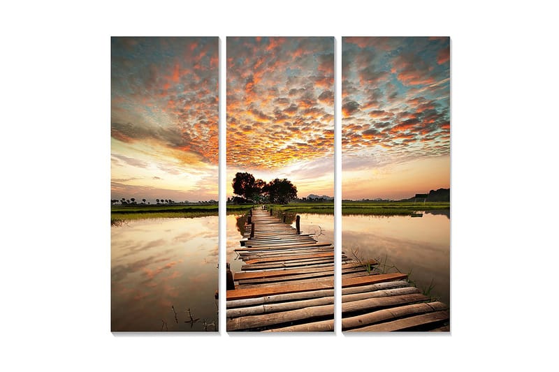Puinen canvastaulu, 3 osaa, 50x70 cm - Kaunis auringonlasku tyynen veden ylittävän puisen sillan yli, Oranssi / Sininen / Vihreä