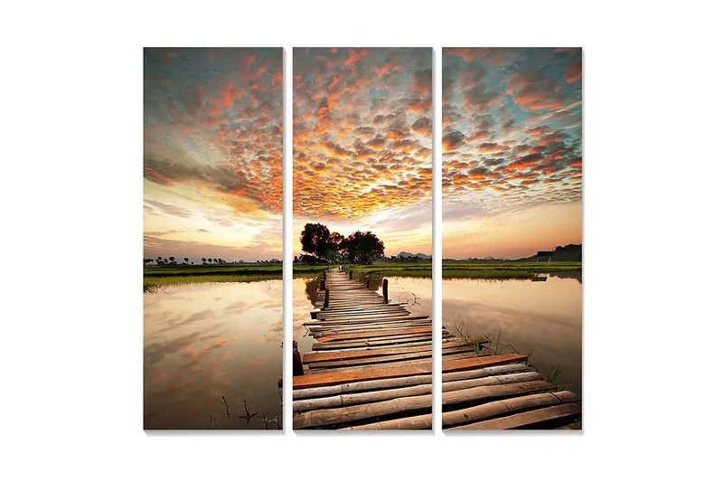 Puinen canvastaulu, 3 osaa, 50x70 cm - Kaunis auringonlasku tyynen veden ylittävän puisen sillan yli, Oranssi / Sininen / Vihreä