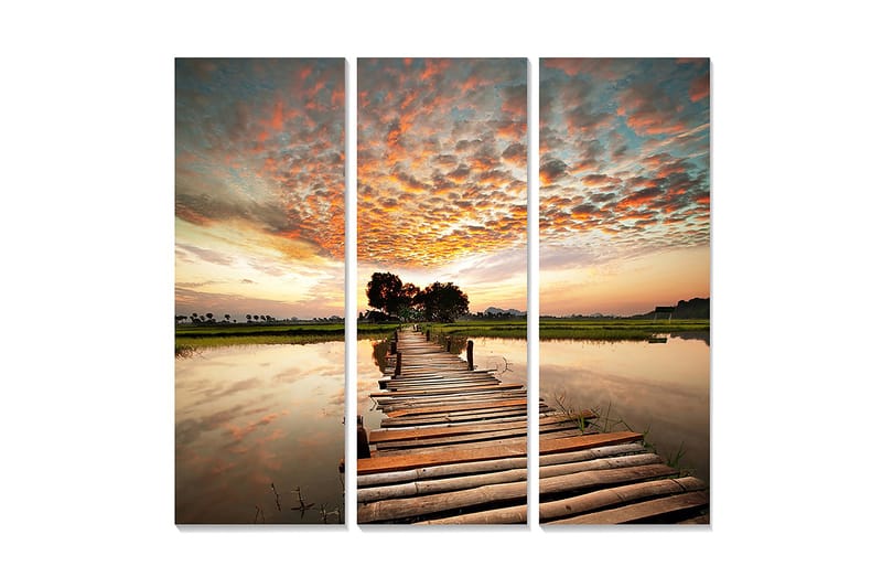 Puinen canvastaulu, 3 osaa, 50x70 cm - Kaunis auringonlasku tyynen veden ylittävän puisen sillan yli, Oranssi / Sininen / Vihreä