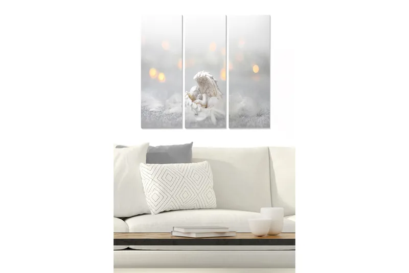 Puinen canvastaulu, 3 osaa, 50x70 cm - Kaunis enkeli pitelee lasta unelmaympäristössä, Valkoinen / Harmaa / Kulta