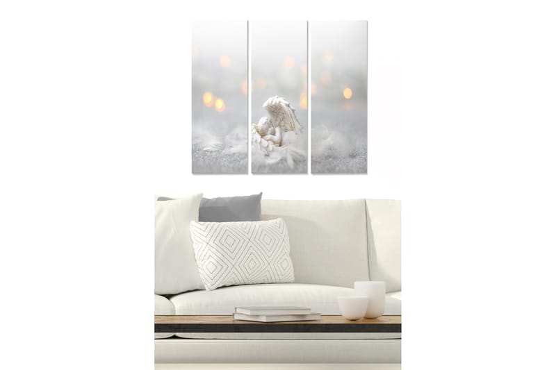Puinen canvastaulu, 3 osaa, 50x70 cm - Kaunis enkeli pitelee lasta unelmaympäristössä, Valkoinen / Harmaa / Kulta