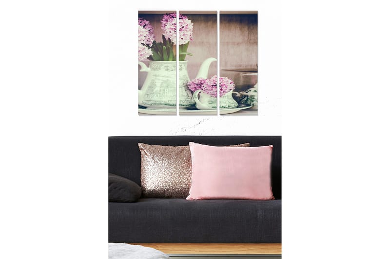 Puinen canvastaulu, 3 osaa, 50x70 cm - Kaunis hyasinttikimppu koristeellisessa kannusta, Violetti / Vihreä / Valkoinen