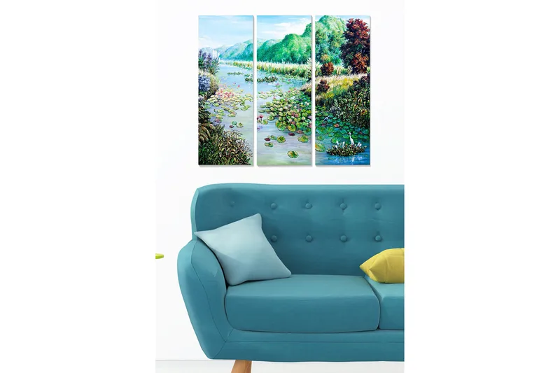 Puinen canvastaulu, 3 osaa, 50x70 cm - Kaunis järvimaisema lumpeen ja ympäröivän vehreyden kera, Vihreä / Sininen / Vaaleanpunainen
