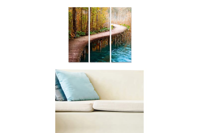 Puinen canvastaulu, 3 osaa, 50x70 cm - Kaunis kävelyreitti syksyisen metsän läpi veden äärellä, Ruskea / Vihreä / Sininen
