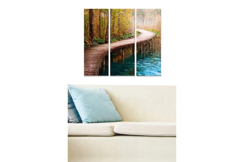 Puinen canvastaulu, 3 osaa, 50x70 cm - Kaunis kävelyreitti syksyisen metsän läpi veden äärellä, Ruskea / Vihreä / Sininen