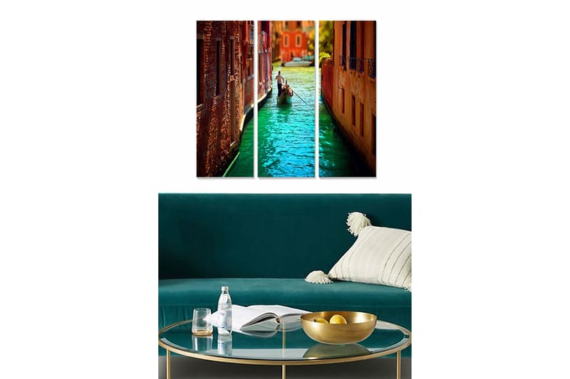 Puinen canvastaulu, 3 osaa, 50x70 cm - Kaunis kanava gondolilla italialaisessa kaupunkimiljöössä, Turkoosi / Oranssi / Ruskea