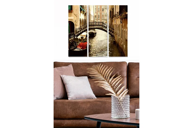 Puinen canvastaulu, 3 osaa, 50x70 cm - Kaunis kanava gondolilla ja sillalla venetsialaisessa ympäristössä, Ruskea / Kulta / Vihreä