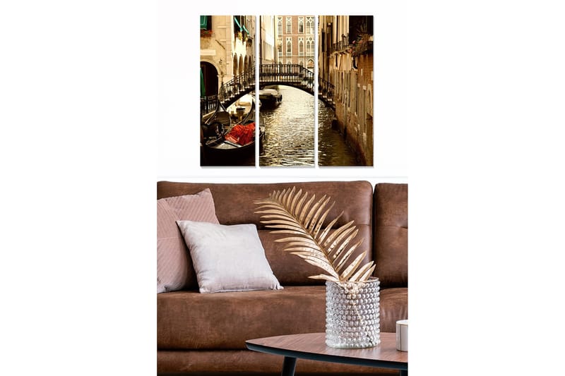 Puinen canvastaulu, 3 osaa, 50x70 cm - Kaunis kanava gondolilla ja sillalla venetsialaisessa ympäristössä, Ruskea / Kulta / Vihreä