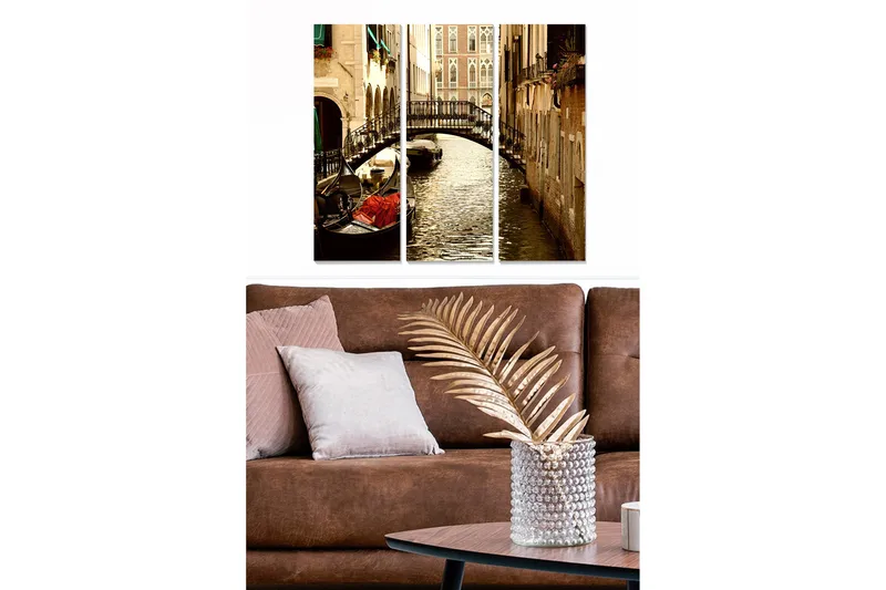 Puinen canvastaulu, 3 osaa, 50x70 cm - Kaunis kanava gondolilla ja sillalla venetsialaisessa ympäristössä, Ruskea / Kulta / Vihreä